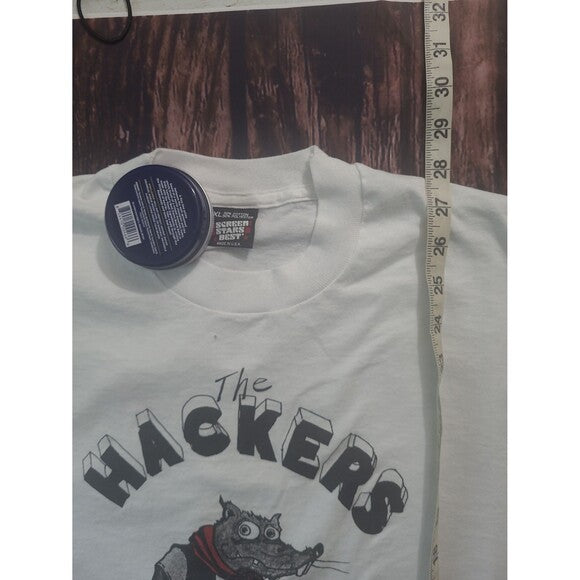 Vintage The Hackers single stitch Screen Stars band tee in white with graphic print and measuring tape