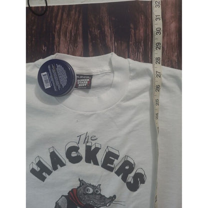 Vintage The Hackers single stitch Screen Stars band tee in white with graphic print and measuring tape