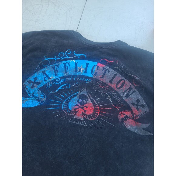 Vintage Y2K Affliction T-Shirt with faded black fabric and blue red skull spade graphic on back