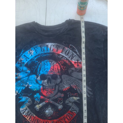 Vintage Y2K Affliction T-Shirt with skull and wings graphic in red blue and gray colors