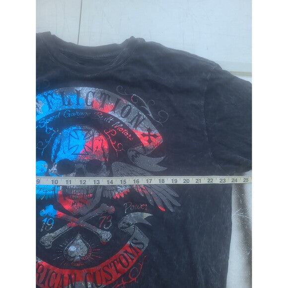 RetroVintage Thrift Vintage Y2K Affliction T-Shirt black with skull and crossbones graphic and measuring tape across chest