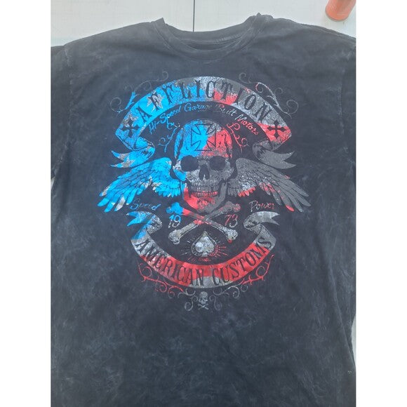 Black Vintage Y2K Affliction T-Shirt with skull and wing graphic in blue red and gray colors