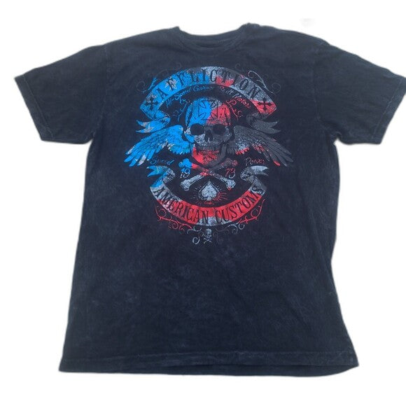 Black Vintage Y2K Affliction T-Shirt with skull and eagle graphic in red and blue