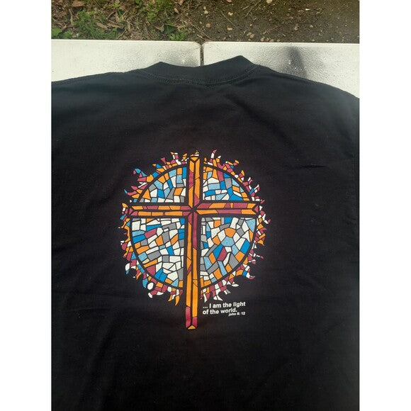 Vintage Y2K Jesus t-shirt black with colorful stained glass cross graphic and scripture text