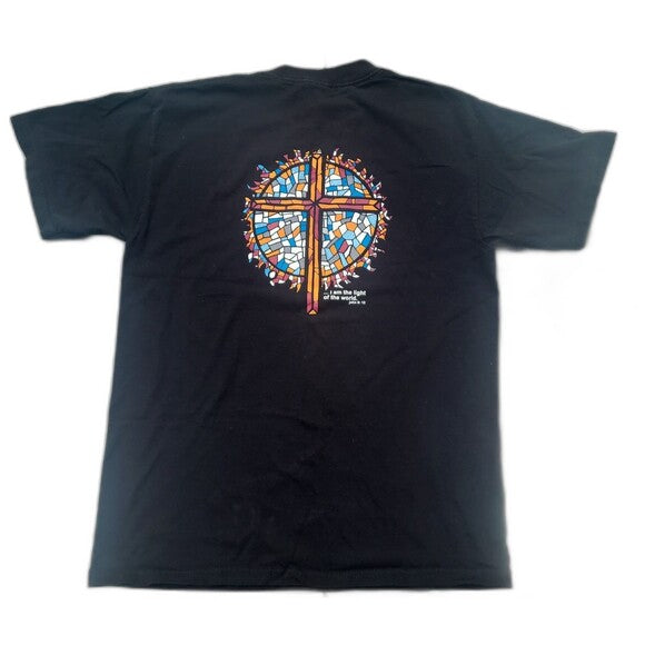 RetroVintage Thrift black vintage Y2K Jesus t-shirt with colorful stained glass cross design