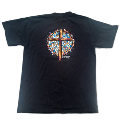 RetroVintage Thrift black vintage Y2K Jesus t-shirt with colorful stained glass cross design