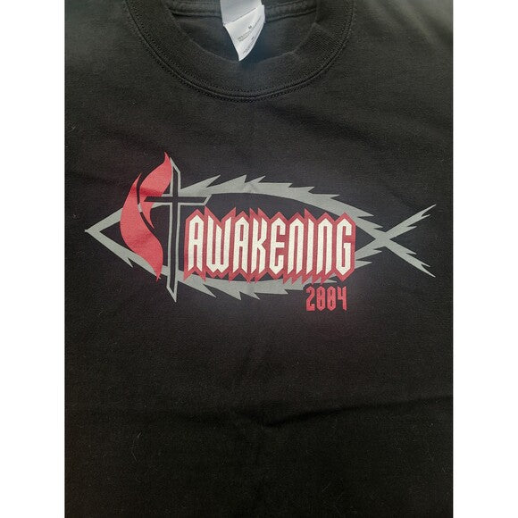 Black vintage Y2K Jesus t-shirt with Awakening 2004 graphic and religious fish symbol