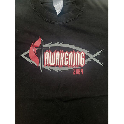 Black vintage Y2K Jesus t-shirt with Awakening 2004 graphic and religious fish symbol