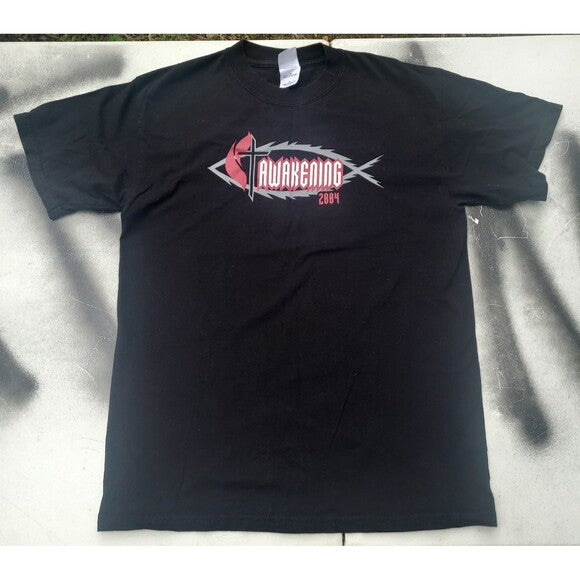 Black vintage Y2K Jesus t-shirt with Awakening 2004 graphic design from RetroVintage Thrift