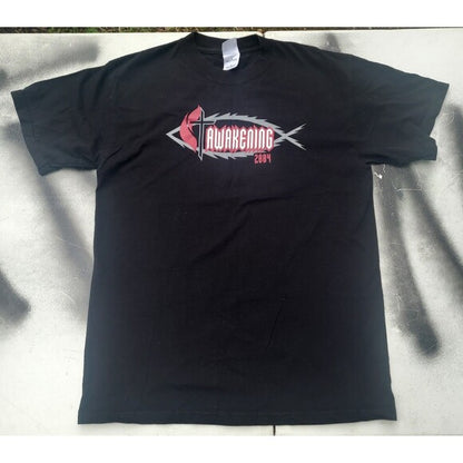 Black vintage Y2K Jesus t-shirt with Awakening 2004 graphic design from RetroVintage Thrift